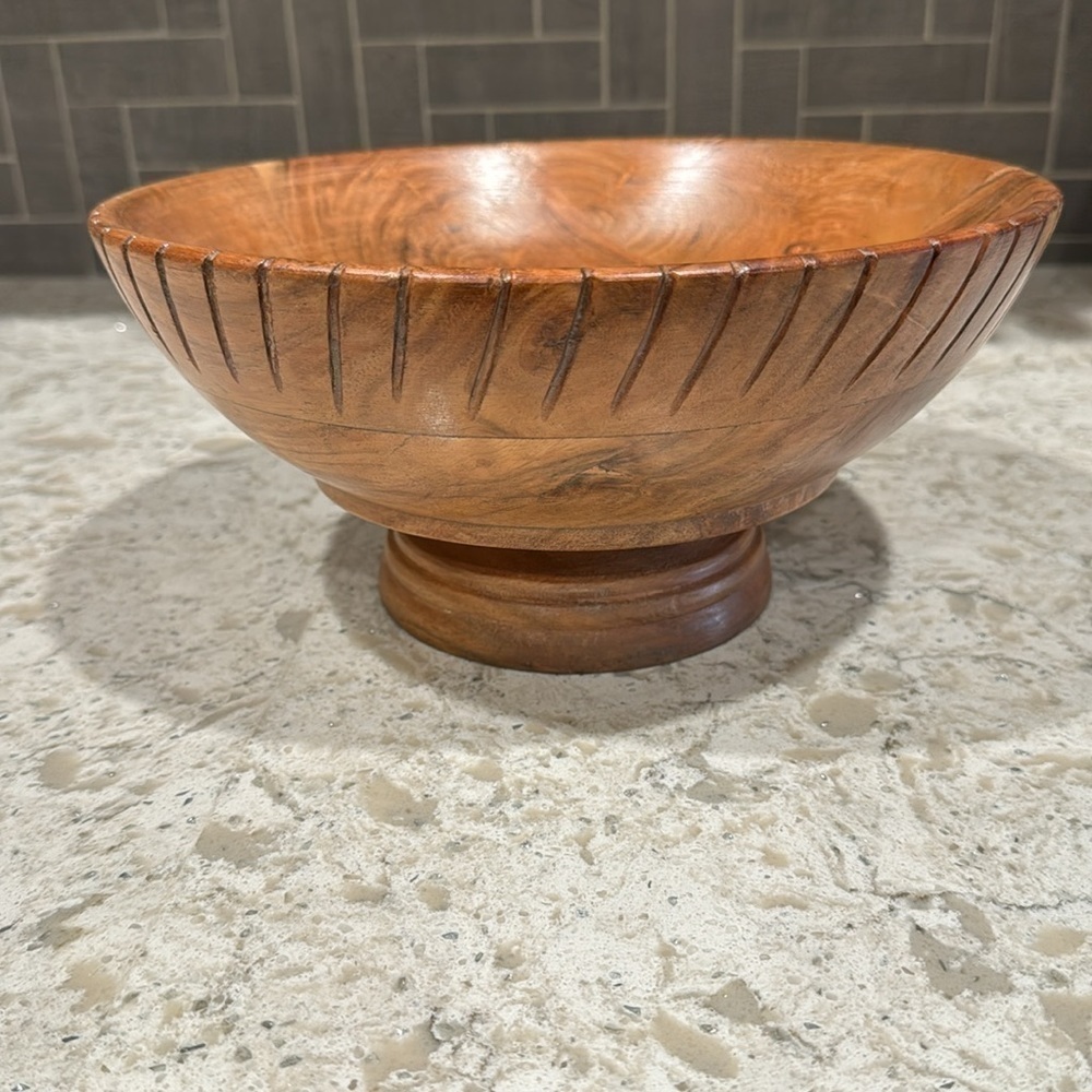 HANDCRAFTED~WOODEN BOWL WITH PEDESTAL~USE FOR FRUIT~FLOWERS~MADE IN INDIA~G222